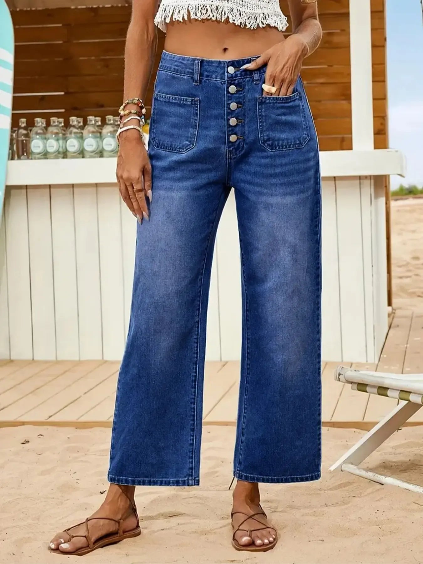 Women's Denim Jeans, Loose Casual Fit Multi-Buckle Button Mid-Thigh Jeans, Comfortable Stretch Wide-Leg Daily Wear Pants Womenswear