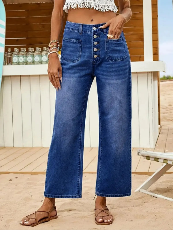 Women's Denim Jeans, Loose Casual Fit Multi-Buckle Button Mid-Thigh Jeans, Comfortable Stretch Wide-Leg Daily Wear Pants Womenswear