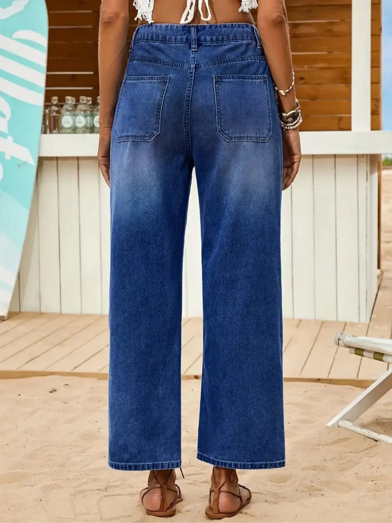 Women's Denim Jeans, Loose Casual Fit Multi-Buckle Button Mid-Thigh Jeans, Comfortable Stretch Wide-Leg Daily Wear Pants Womenswear