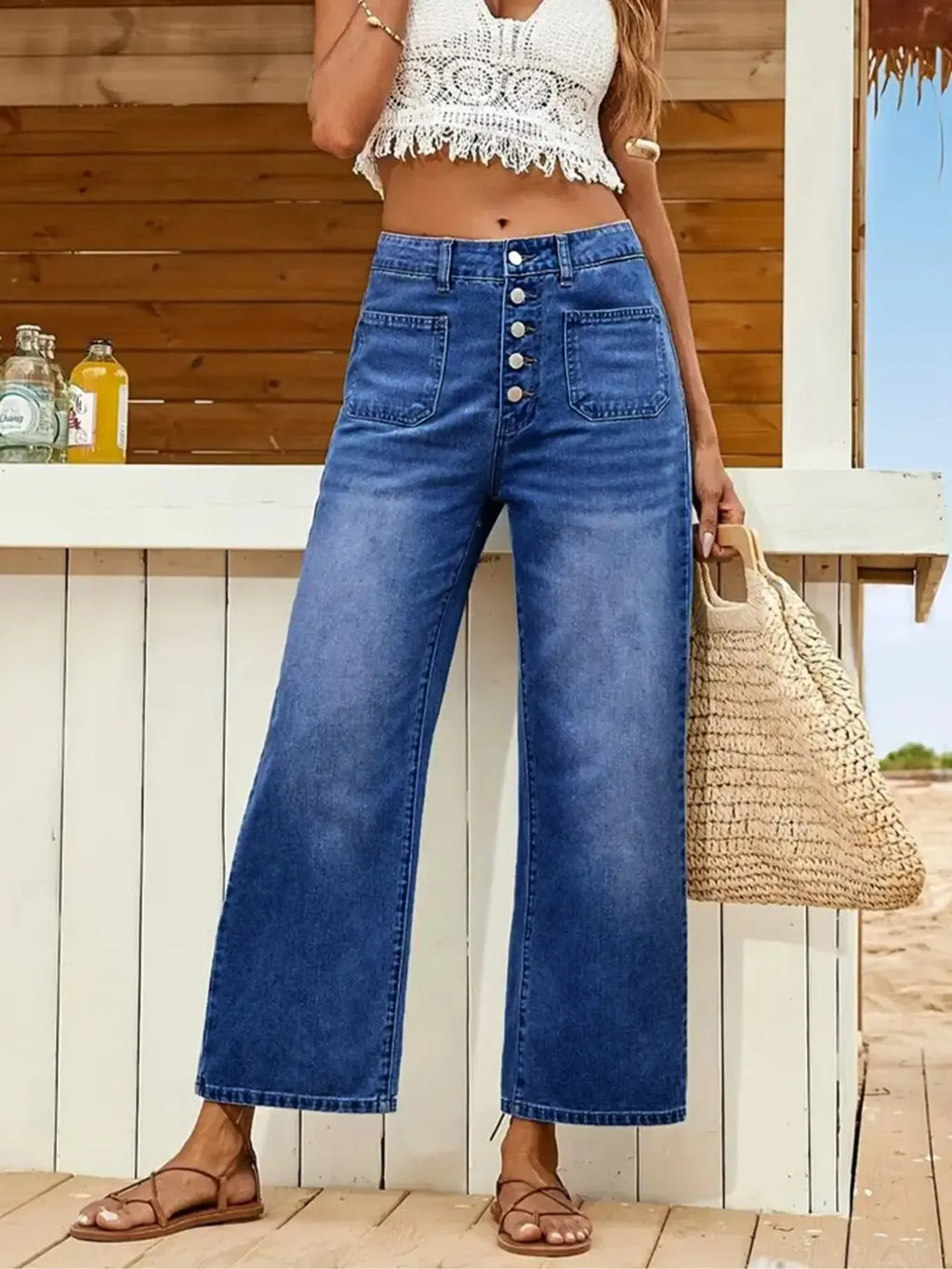 Women's Denim Jeans, Loose Casual Fit Multi-Buckle Button Mid-Thigh Jeans, Comfortable Stretch Wide-Leg Daily Wear Pants Womenswear