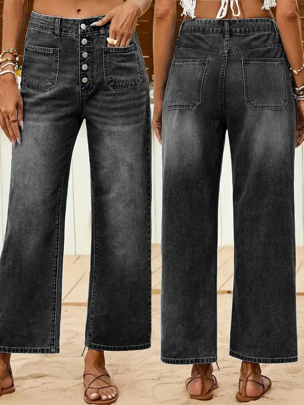 Women's Denim Jeans, Loose Casual Fit Multi-Buckle Button Mid-Thigh Jeans, Comfortable Stretch Wide-Leg Daily Wear Pants Womenswear