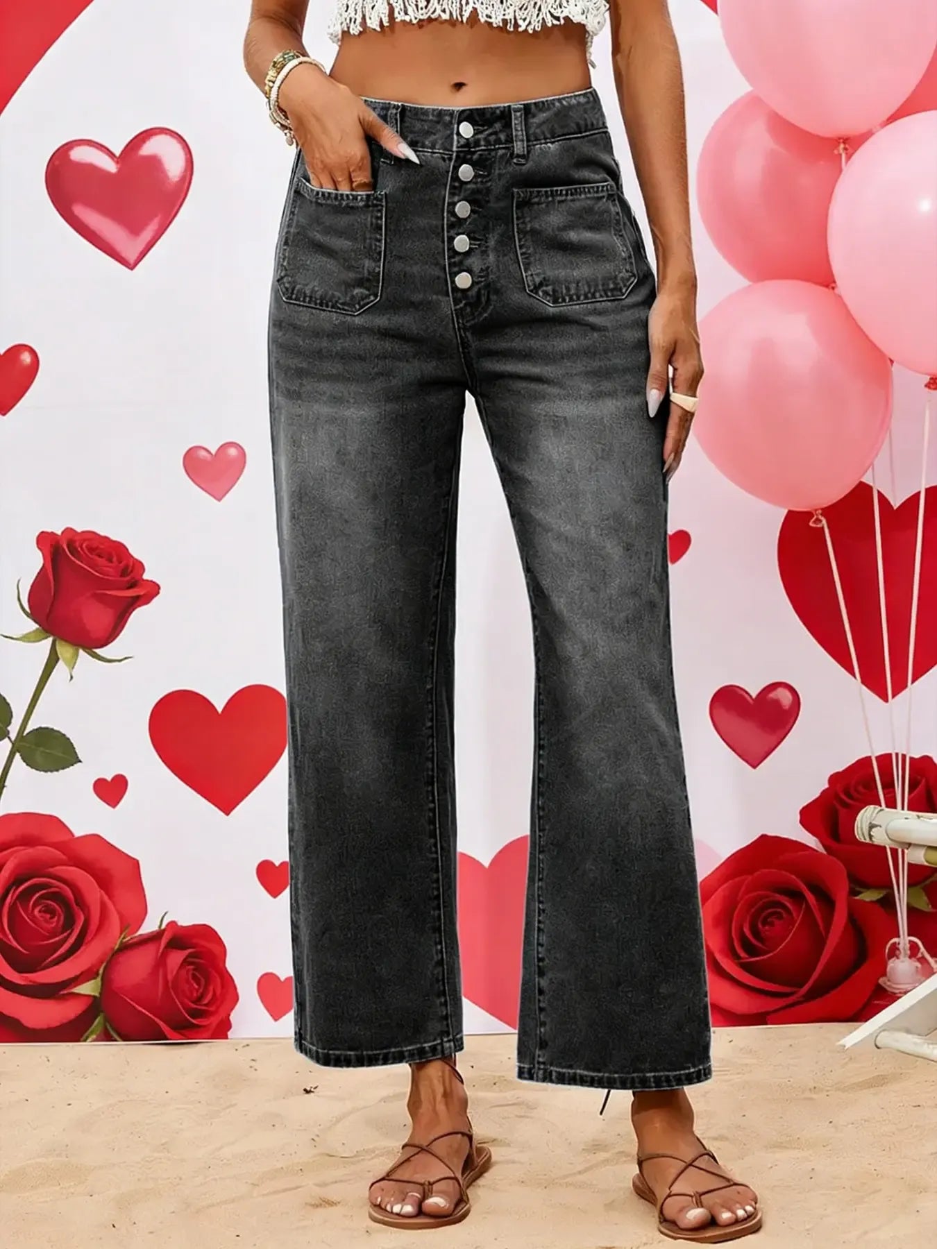 Women's Denim Jeans, Loose Casual Fit Multi-Buckle Button Mid-Thigh Jeans, Comfortable Stretch Wide-Leg Daily Wear Pants Womenswear