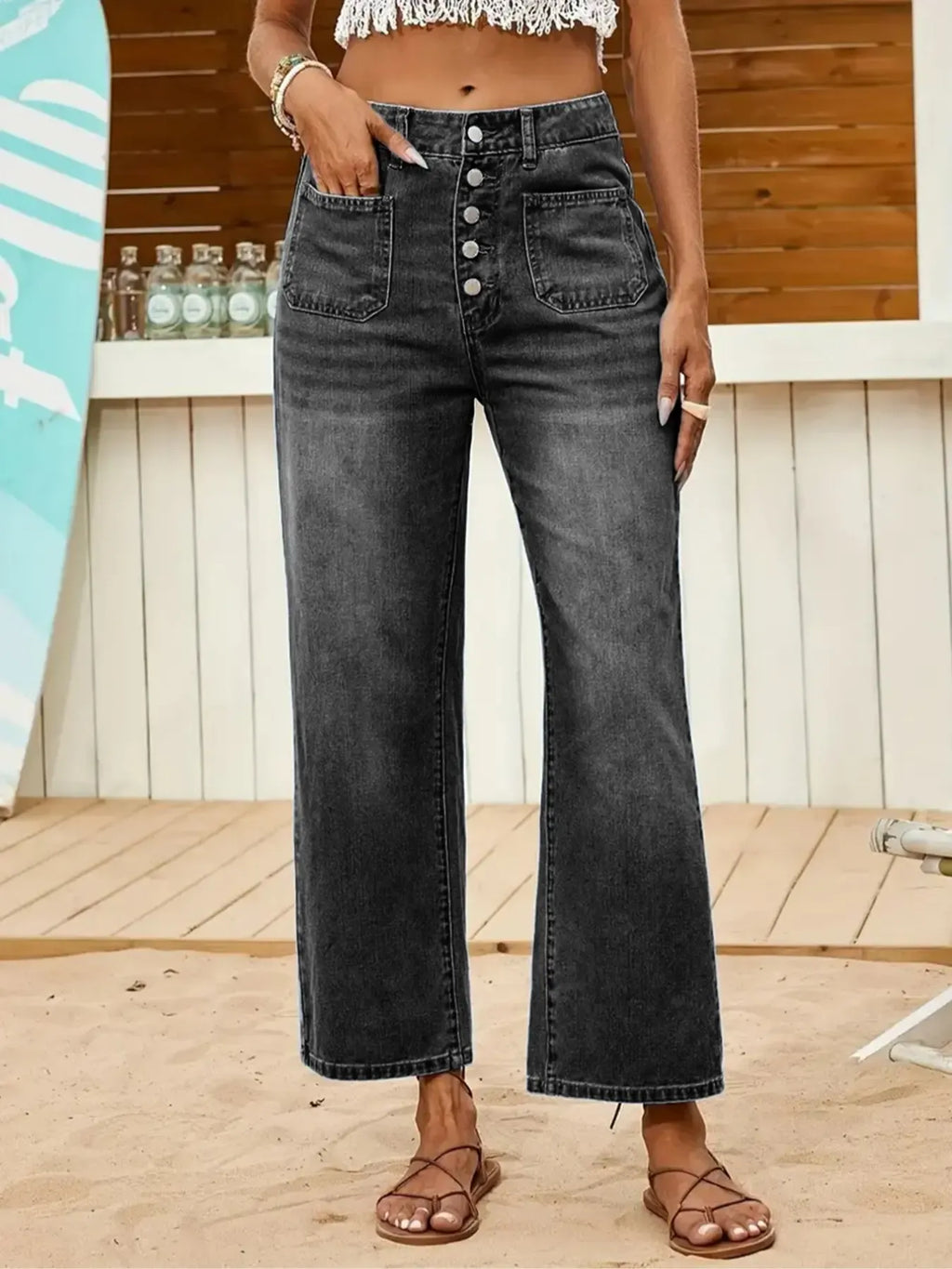 Women's Denim Jeans, Loose Casual Fit Multi-Buckle Button Mid-Thigh Jeans, Comfortable Stretch Wide-Leg Daily Wear Pants Womenswear