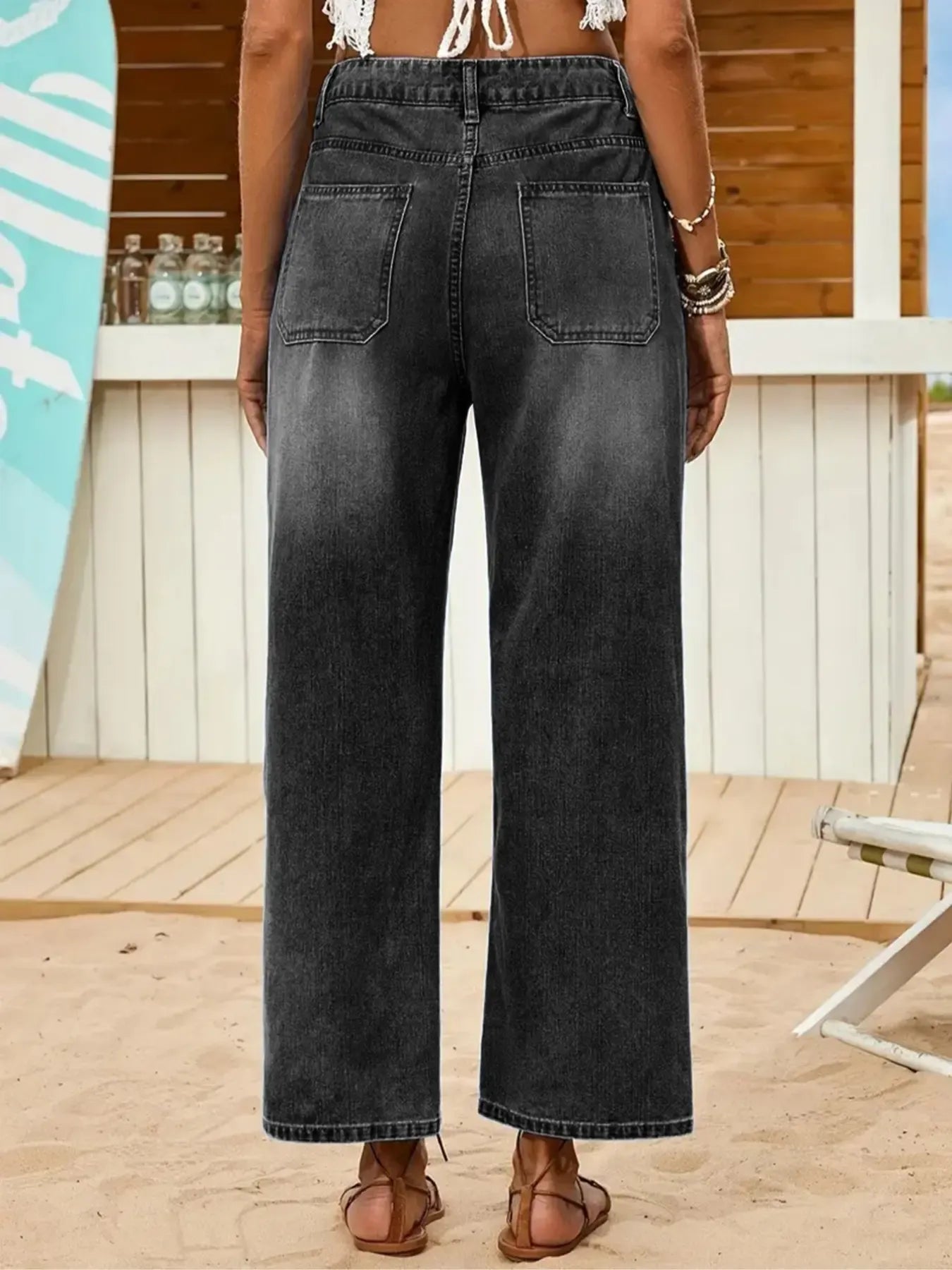 Women's Denim Jeans, Loose Casual Fit Multi-Buckle Button Mid-Thigh Jeans, Comfortable Stretch Wide-Leg Daily Wear Pants Womenswear