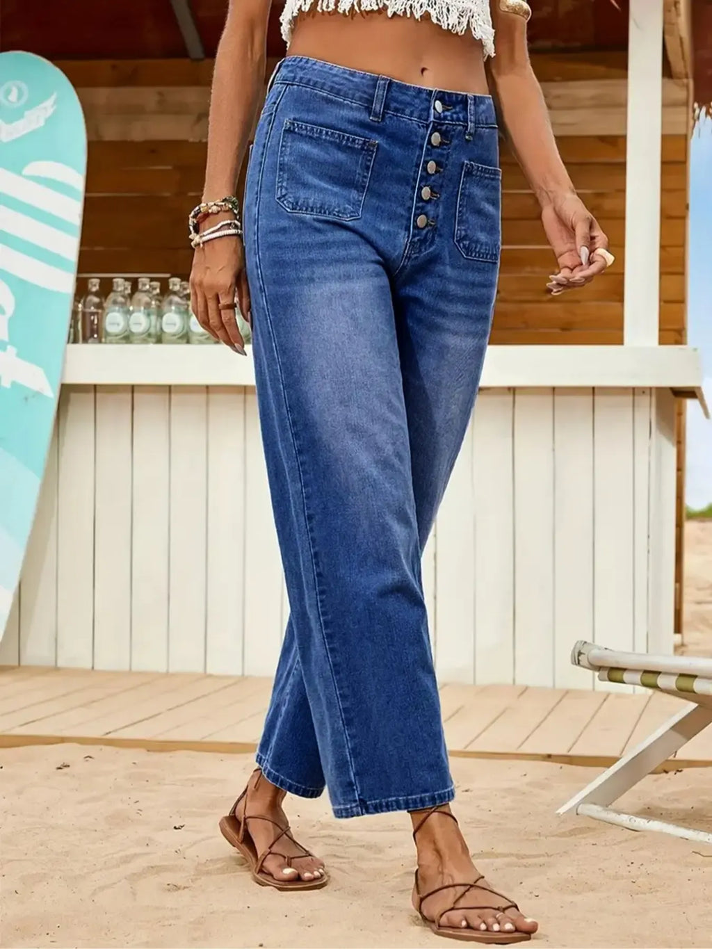 Women's Denim Jeans, Loose Casual Fit Multi-Buckle Button Mid-Thigh Jeans, Comfortable Stretch Wide-Leg Daily Wear Pants Womenswear