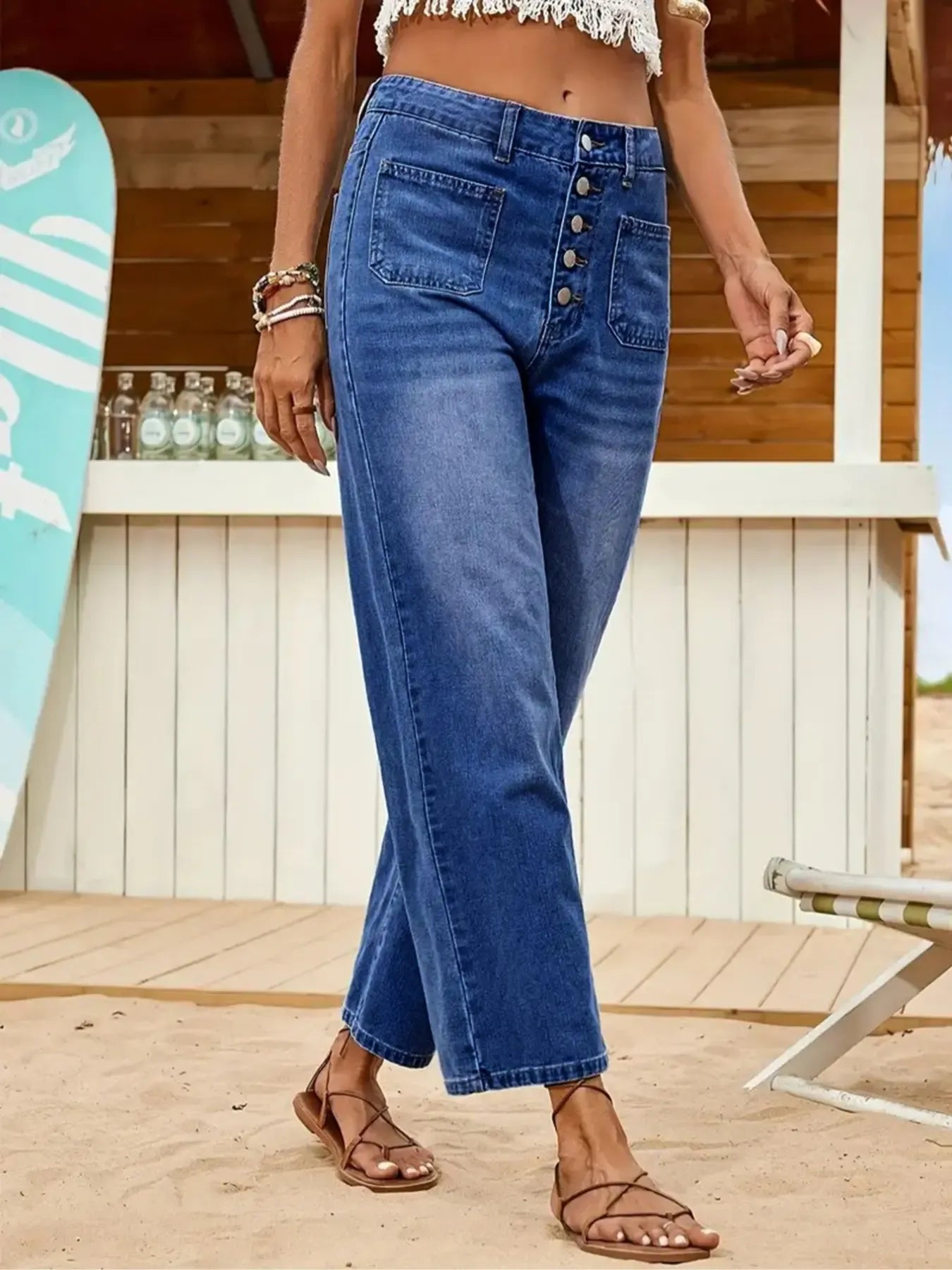 Women's Denim Jeans, Loose Casual Fit Multi-Buckle Button Mid-Thigh Jeans, Comfortable Stretch Wide-Leg Daily Wear Pants Womenswear