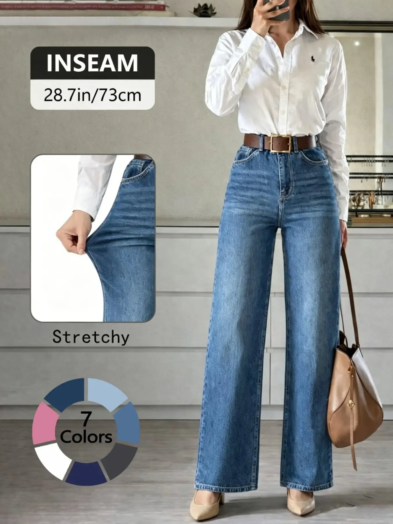 Women's High Elasticity Denim Jeans, Casual Loose Fit Wide Leg Pants, Denim Clothing, All Seasons Fashion, Plain Pattern, Comfortable and Stylish, Minimalist