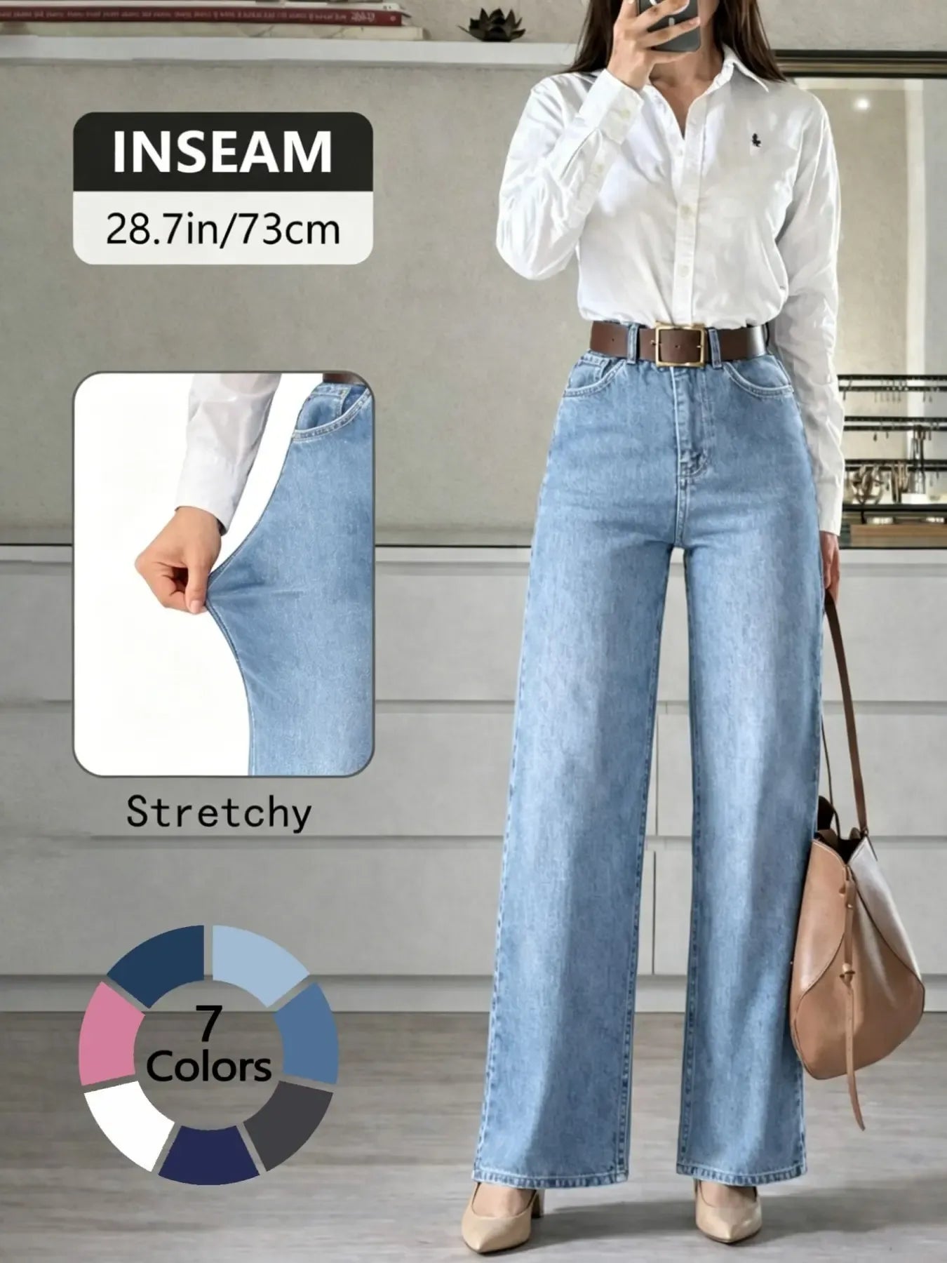 Women's High Elasticity Denim Jeans, Casual Loose Fit Wide Leg Pants, Denim Clothing, All Seasons Fashion, Plain Pattern, Comfortable and Stylish, Minimalist