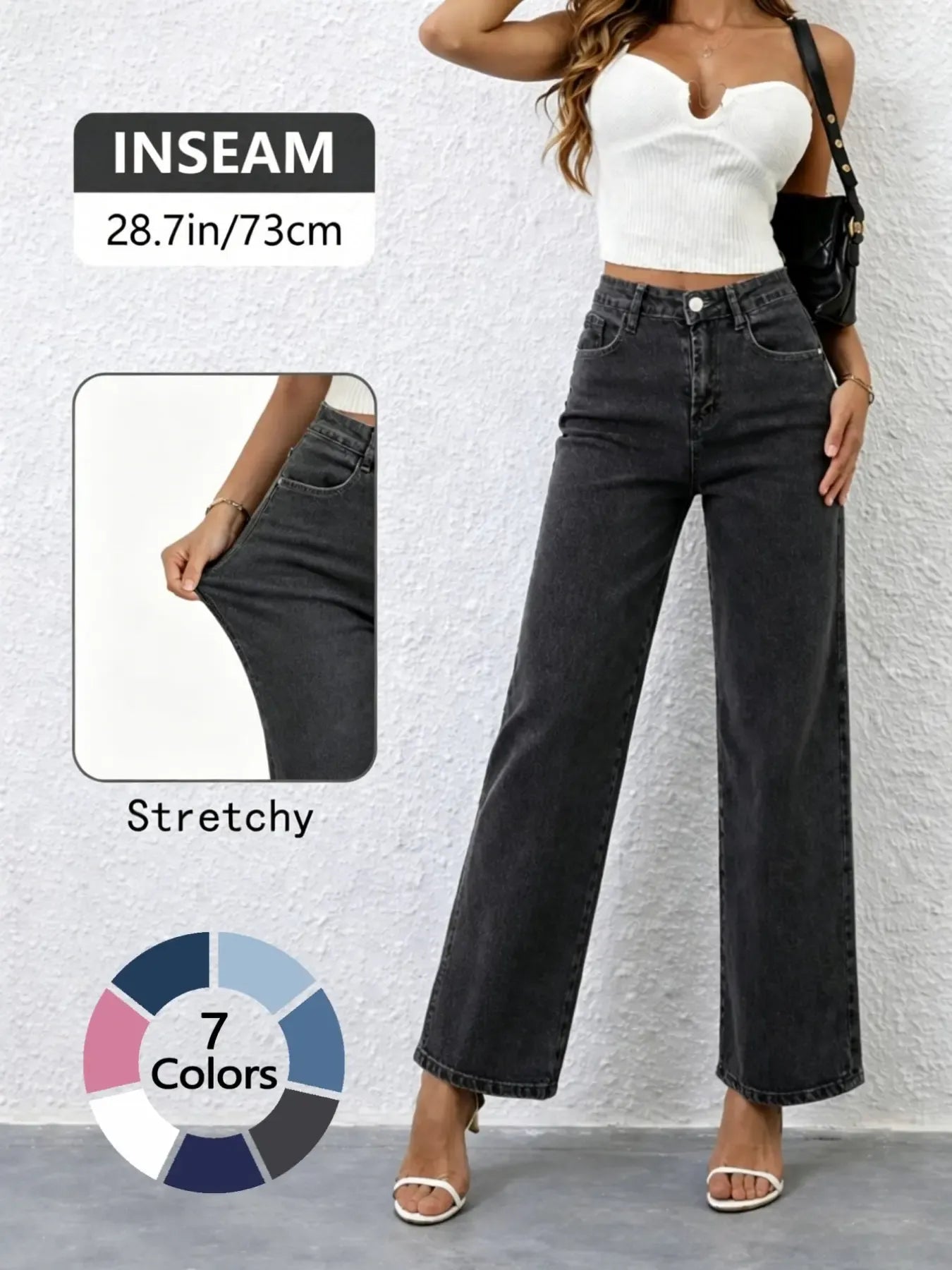 Women's High Elasticity Denim Jeans, Casual Loose Fit Wide Leg Pants, Denim Clothing, All Seasons Fashion, Plain Pattern, Comfortable and Stylish, Minimalist