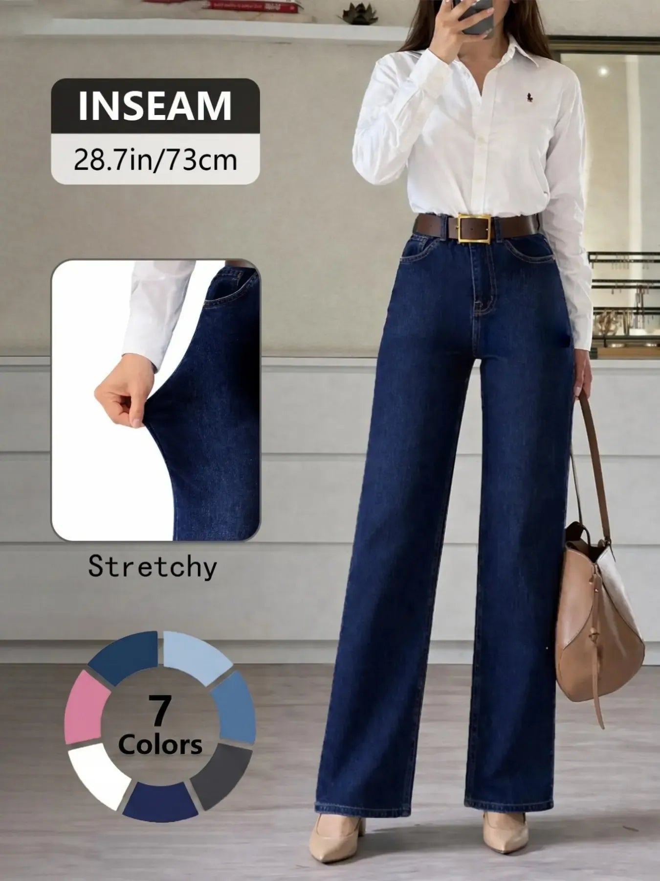 Women's High Elasticity Denim Jeans, Casual Loose Fit Wide Leg Pants, Denim Clothing, All Seasons Fashion, Plain Pattern, Comfortable and Stylish, Minimalist