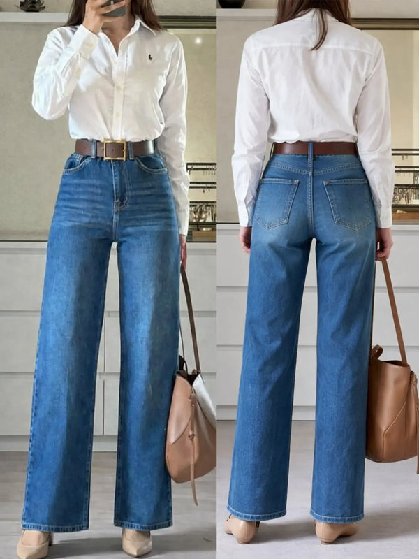 Women's High Elasticity Denim Jeans, Casual Loose Fit Wide Leg Pants, Denim Clothing, All Seasons Fashion, Plain Pattern, Comfortable and Stylish, Minimalist