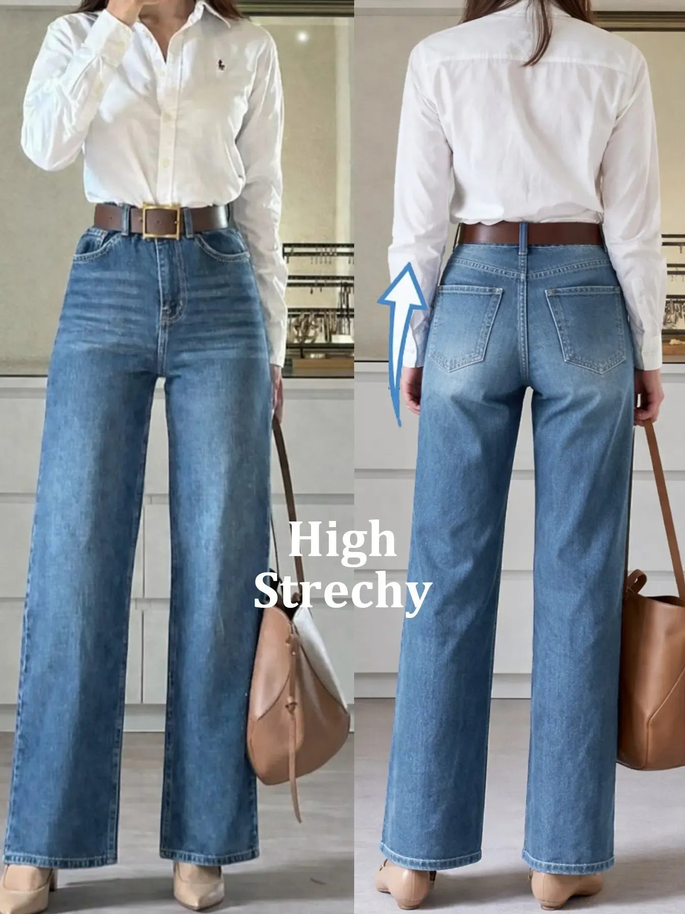 Women's High Elasticity Denim Jeans, Casual Loose Fit Wide Leg Pants, Denim Clothing, All Seasons Fashion, Plain Pattern, Comfortable and Stylish, Minimalist