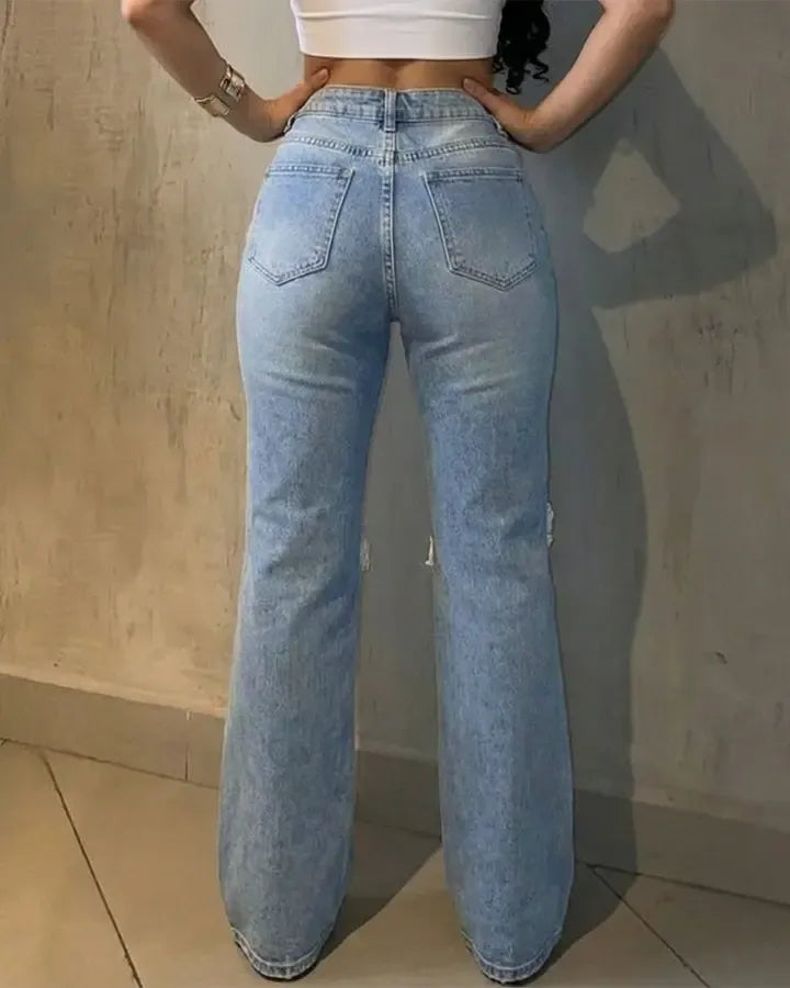 CHICME Women's Rhinestone Flare Jeans High Waisted Distressed Ripped Jeans Y2K Retro Streetwear Denim Pants