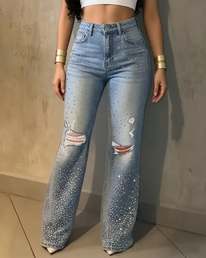 CHICME Women's Rhinestone Flare Jeans High Waisted Distressed Ripped Jeans Y2K Retro Streetwear Denim Pants