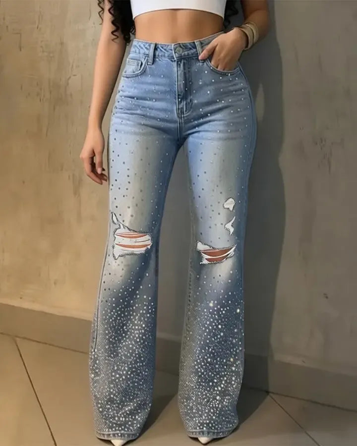 CHICME Women's Rhinestone Flare Jeans High Waisted Distressed Ripped Jeans Y2K Retro Streetwear Denim Pants