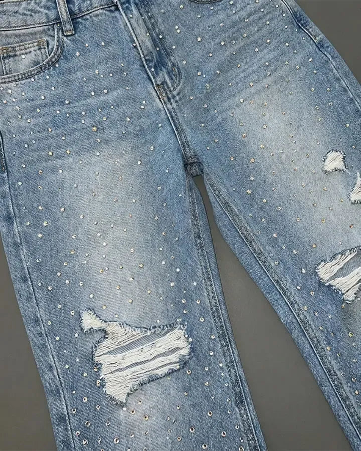CHICME Women's Rhinestone Flare Jeans High Waisted Distressed Ripped Jeans Y2K Retro Streetwear Denim Pants