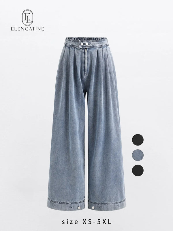 Elengatine Women's High Waist Pleated Balloon Jeans – Y2K Inspired Baggy Wide Leg Denim Pants with Zip Front Closure, Adjustable Cuffed Ankles, Loose Fit for Effortless All-Season Casual Streetwear, Trendy & Versatile Must-Have Denim Piece