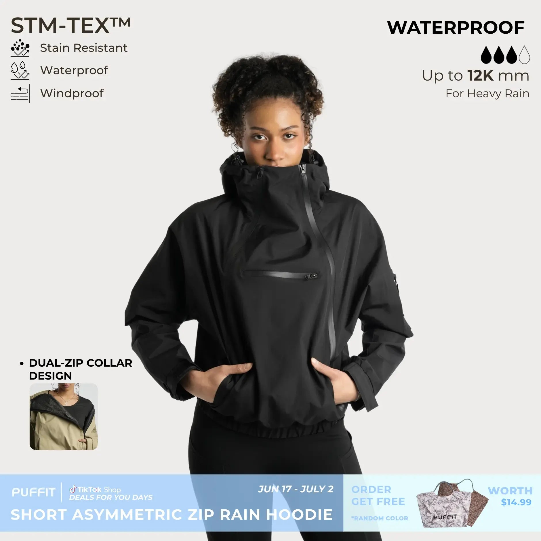 PUFFIT STM-TEX Short Rain Hoodie With Asymmetric Zip and Adjustable Hem,Chest Pocket Design,Spring Hooded Jacket,Waterproof Jacket,Women Jacket,Spring Jacket,Windbreaker,Dog Walking,School Running,Football Mum,Stylish,Womenswear