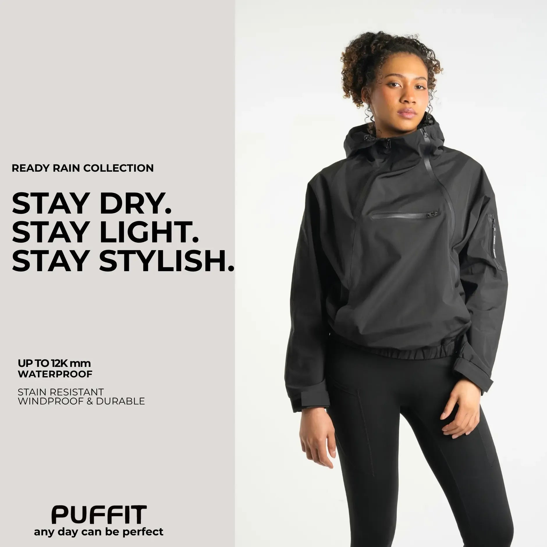 PUFFIT STM-TEX Short Rain Hoodie With Asymmetric Zip and Adjustable Hem,Chest Pocket Design,Spring Hooded Jacket,Waterproof Jacket,Women Jacket,Spring Jacket,Windbreaker,Dog Walking,School Running,Football Mum,Stylish,Womenswear