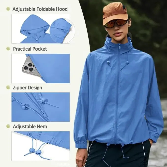 Yousify Women's Waterproof Lightweight Zip Up Rain Jacket, Hooded Windbreaker with Pocket for Outdoor Hiking, Jackets Zip Up