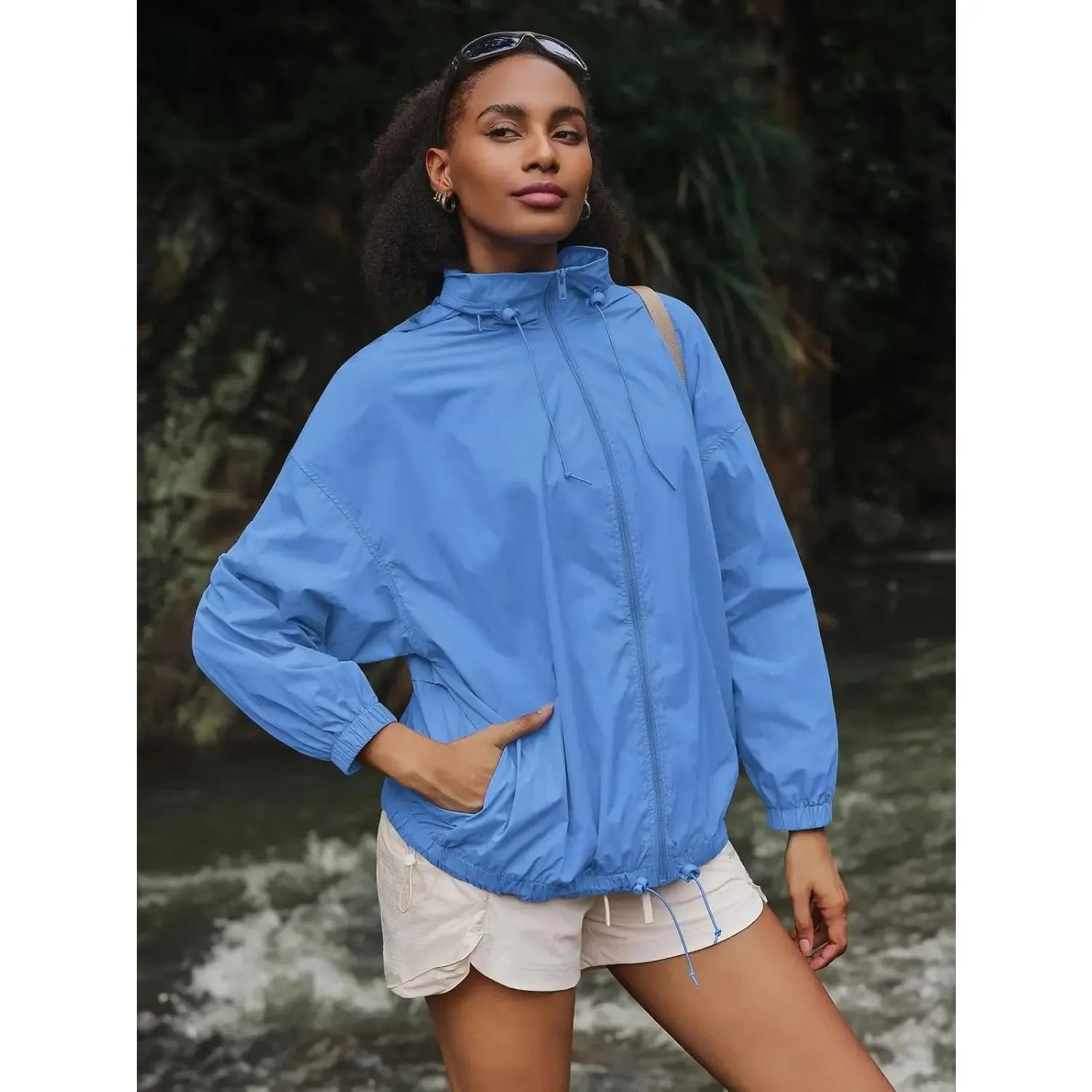 Yousify Women's Waterproof Lightweight Zip Up Rain Jacket, Hooded Windbreaker with Pocket for Outdoor Hiking, Jackets Zip Up