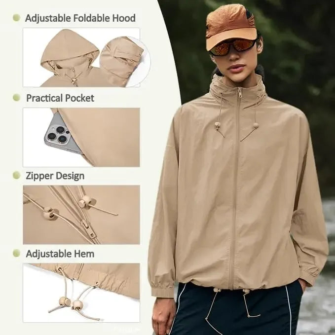 Yousify Women's Waterproof Lightweight Zip Up Rain Jacket, Hooded Windbreaker with Pocket for Outdoor Hiking, Jackets Zip Up