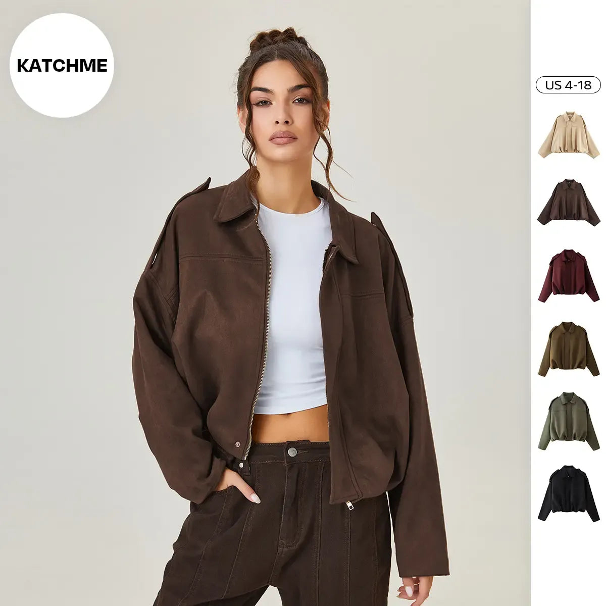 KatchMe Women's Winter Vintage Solid Color Collared Zipper Long Sleeve Jacket, Cozy Oversized Outerwear for Lady, Versatile Loose Outfits for Daily Wear, Soft Womenswear