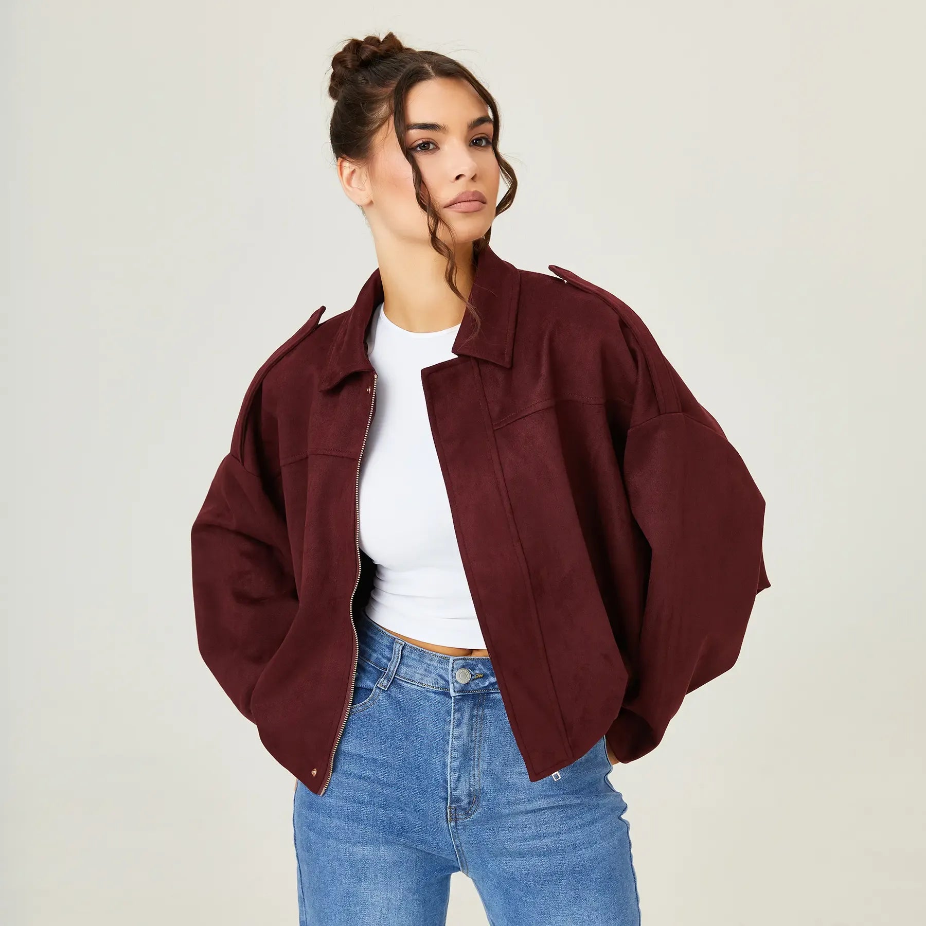 KatchMe Women's Winter Vintage Solid Color Collared Zipper Long Sleeve Jacket, Cozy Oversized Outerwear for Lady, Versatile Loose Outfits for Daily Wear, Soft Womenswear