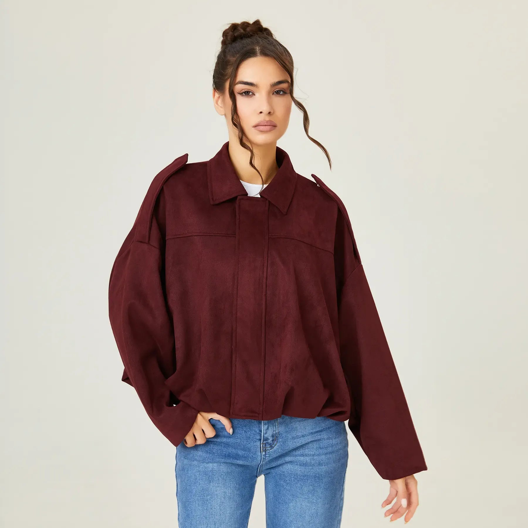 KatchMe Women's Winter Vintage Solid Color Collared Zipper Long Sleeve Jacket, Cozy Oversized Outerwear for Lady, Versatile Loose Outfits for Daily Wear, Soft Womenswear