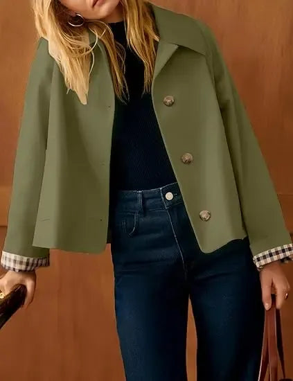 UANEO Womens Cropped Trench Coat Classic Collar Oversized Casual Jackets with Checkered Lining SummerVibes