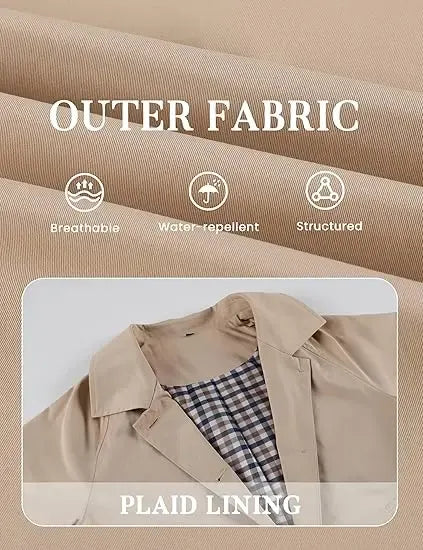 UANEO Womens Cropped Trench Coat Classic Collar Oversized Casual Jackets with Checkered Lining SummerVibes