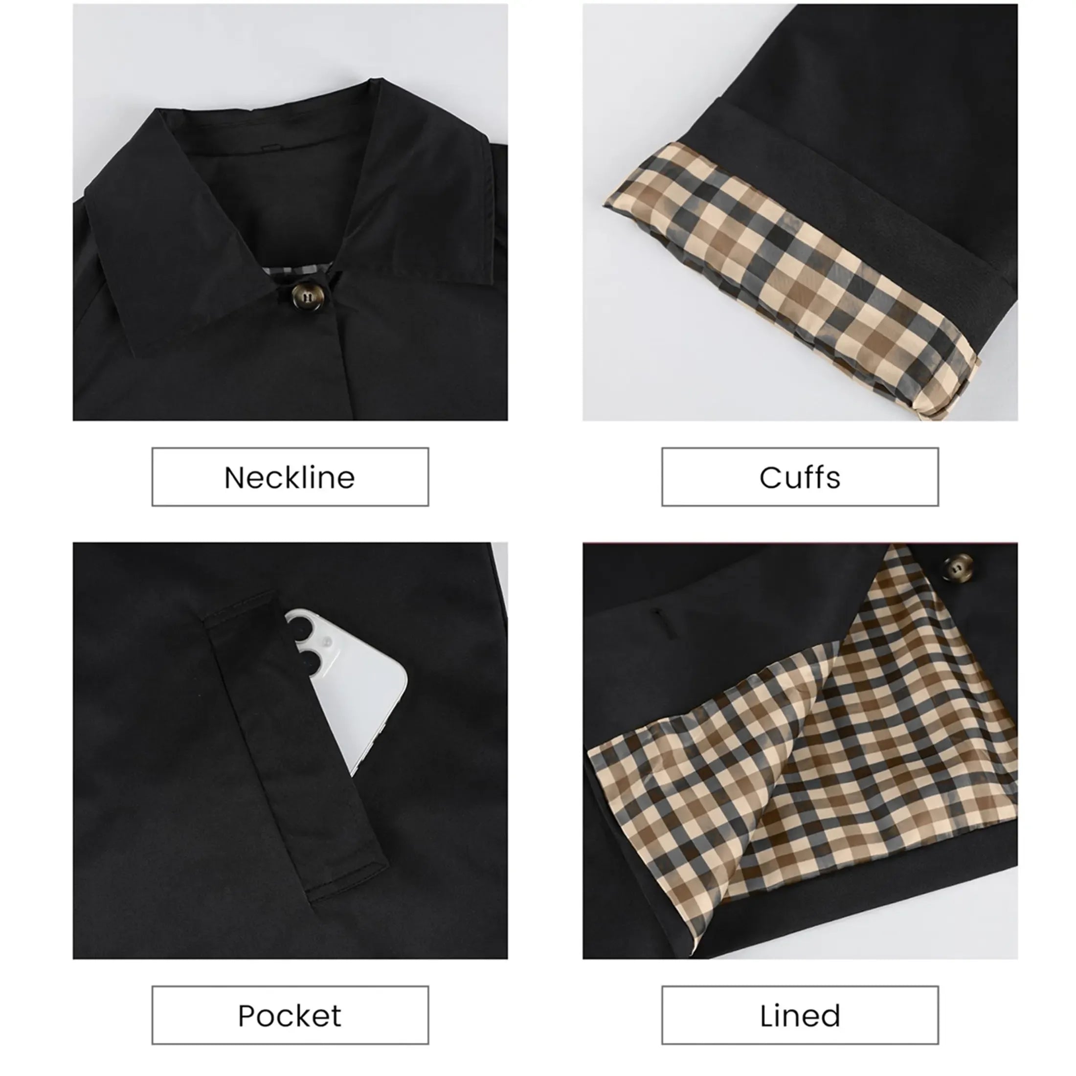 UANEO Womens Cropped Trench Coat Classic Collar Oversized Casual Jackets with Checkered Lining SummerVibes