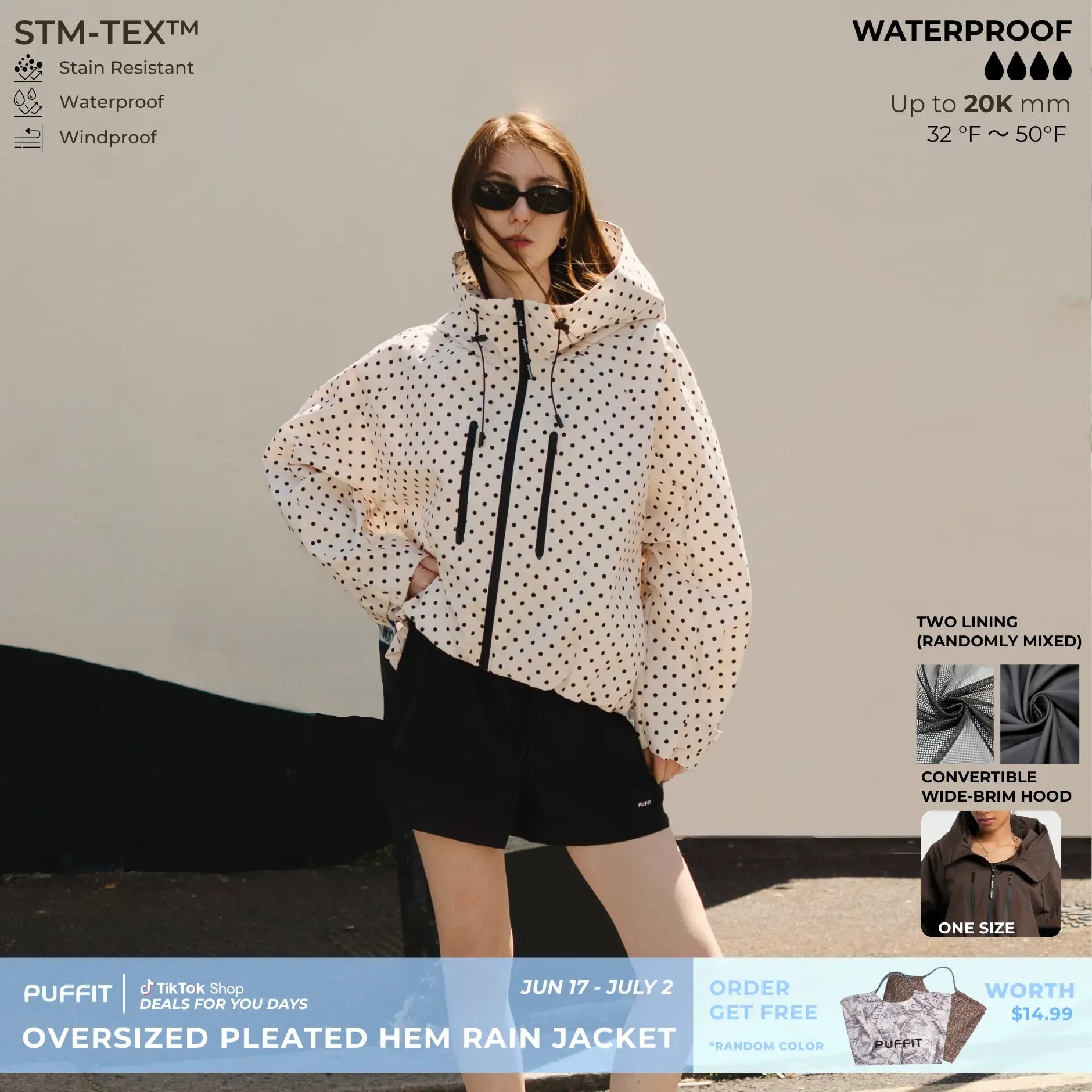 【Restocked】PUFFIT STM-TEX Short One-Size Rain Jacket With Pleated Hem,Hooded Jacket,Waterproof Jacket,Women Jacket,Wide-Brim Hood,Adjustable Cuffs,Zips,Outdoor Sport,Statements,Windbreaker,Spring,Dog Walking,School Running,Football Mum,Stylish,Womenswear