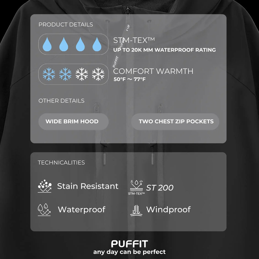 【Restocked】PUFFIT STM-TEX Short One-Size Rain Jacket With Pleated Hem,Hooded Jacket,Waterproof Jacket,Women Jacket,Wide-Brim Hood,Adjustable Cuffs,Zips,Outdoor Sport,Statements,Windbreaker,Spring,Dog Walking,School Running,Football Mum,Stylish,Womenswear