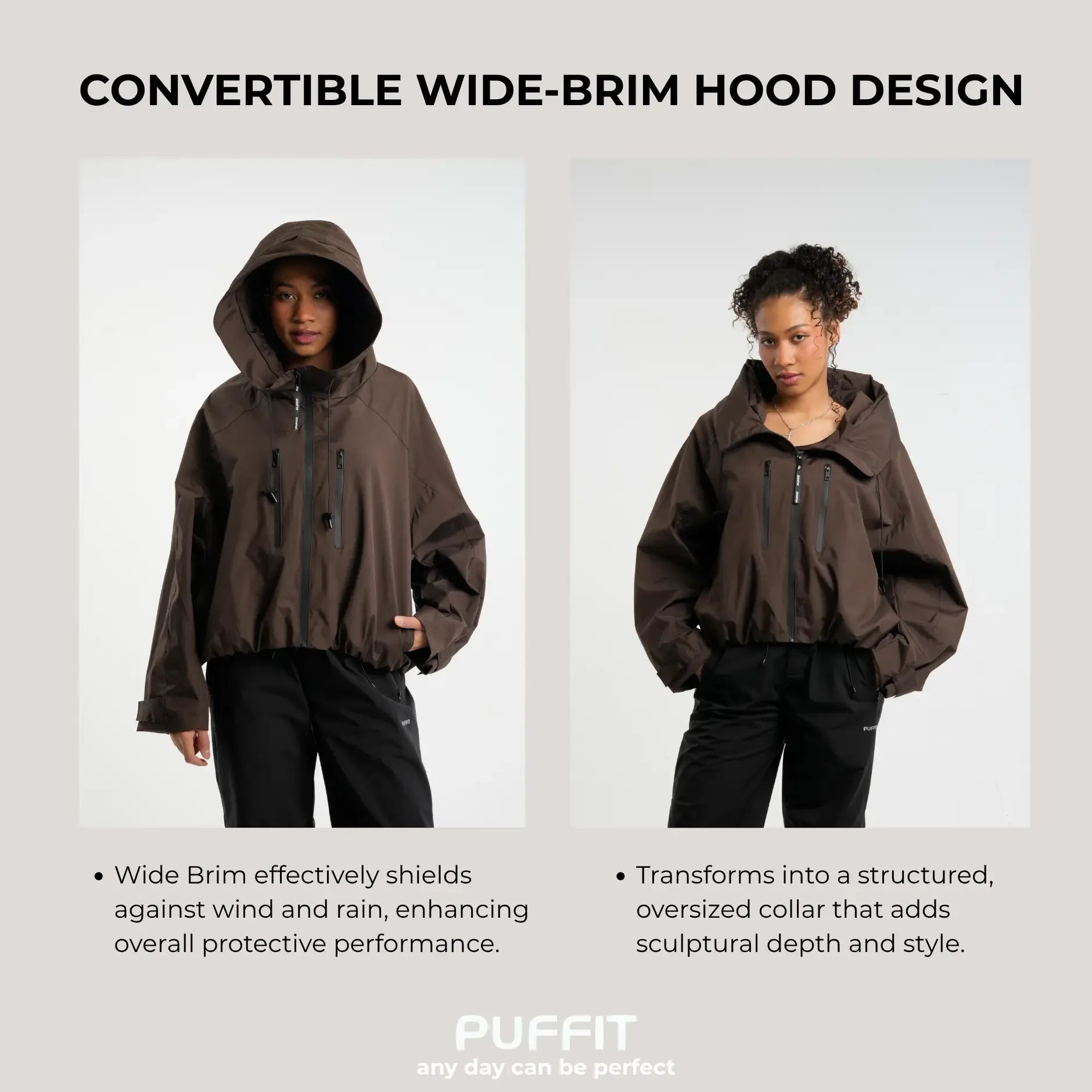【Restocked】PUFFIT STM-TEX Short One-Size Rain Jacket With Pleated Hem,Hooded Jacket,Waterproof Jacket,Women Jacket,Wide-Brim Hood,Adjustable Cuffs,Zips,Outdoor Sport,Statements,Windbreaker,Spring,Dog Walking,School Running,Football Mum,Stylish,Womenswear