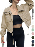 Women's Solid Zip Up Crop Jacket Coats, Casual Fashionable Pocket Lightweight Outerwear, Ladies Womenswear Spring & Fall Clothes