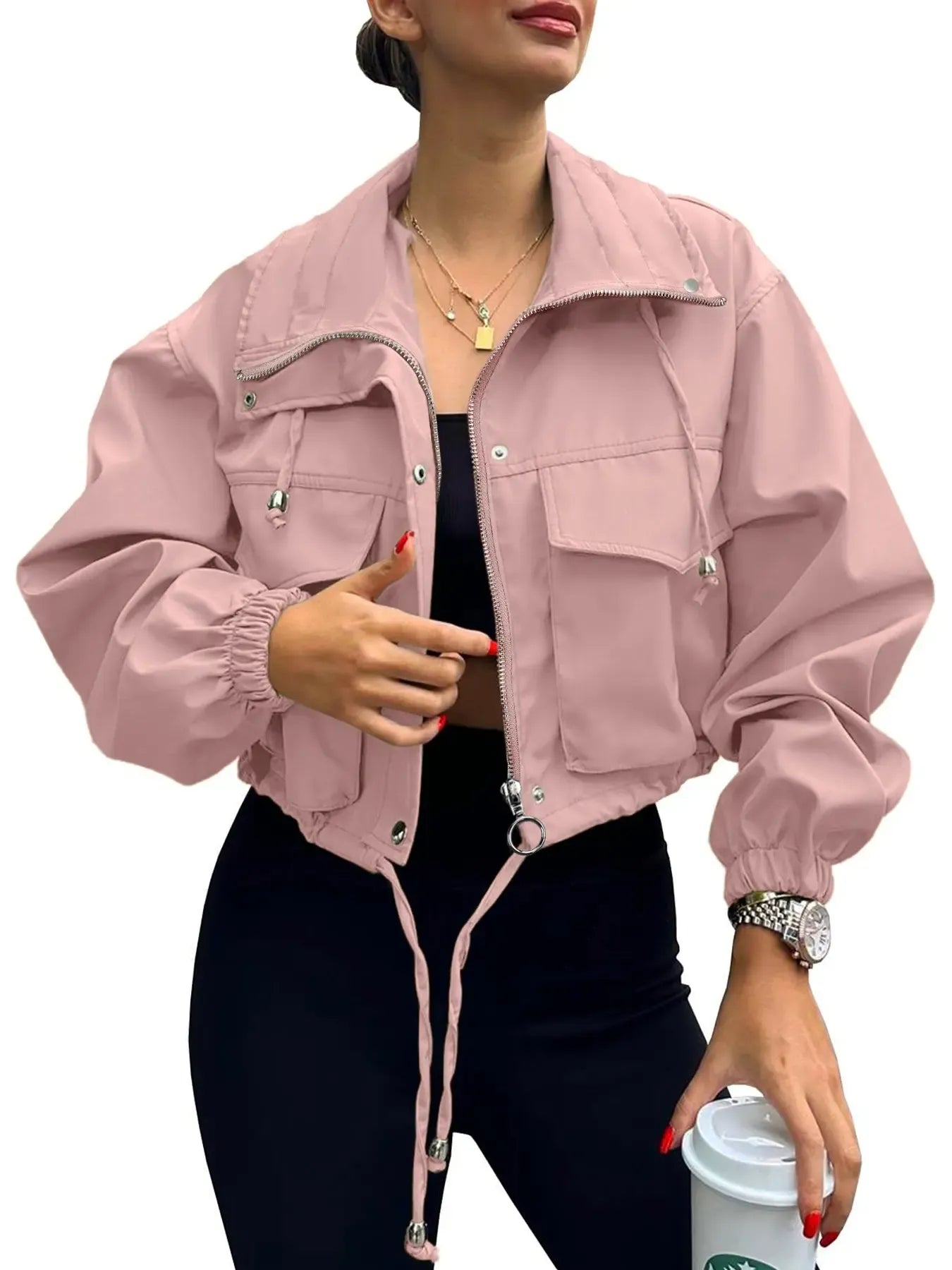 Women's Solid Zip Up Crop Jacket Coats, Casual Fashionable Pocket Lightweight Outerwear, Ladies Womenswear Spring & Fall Clothes