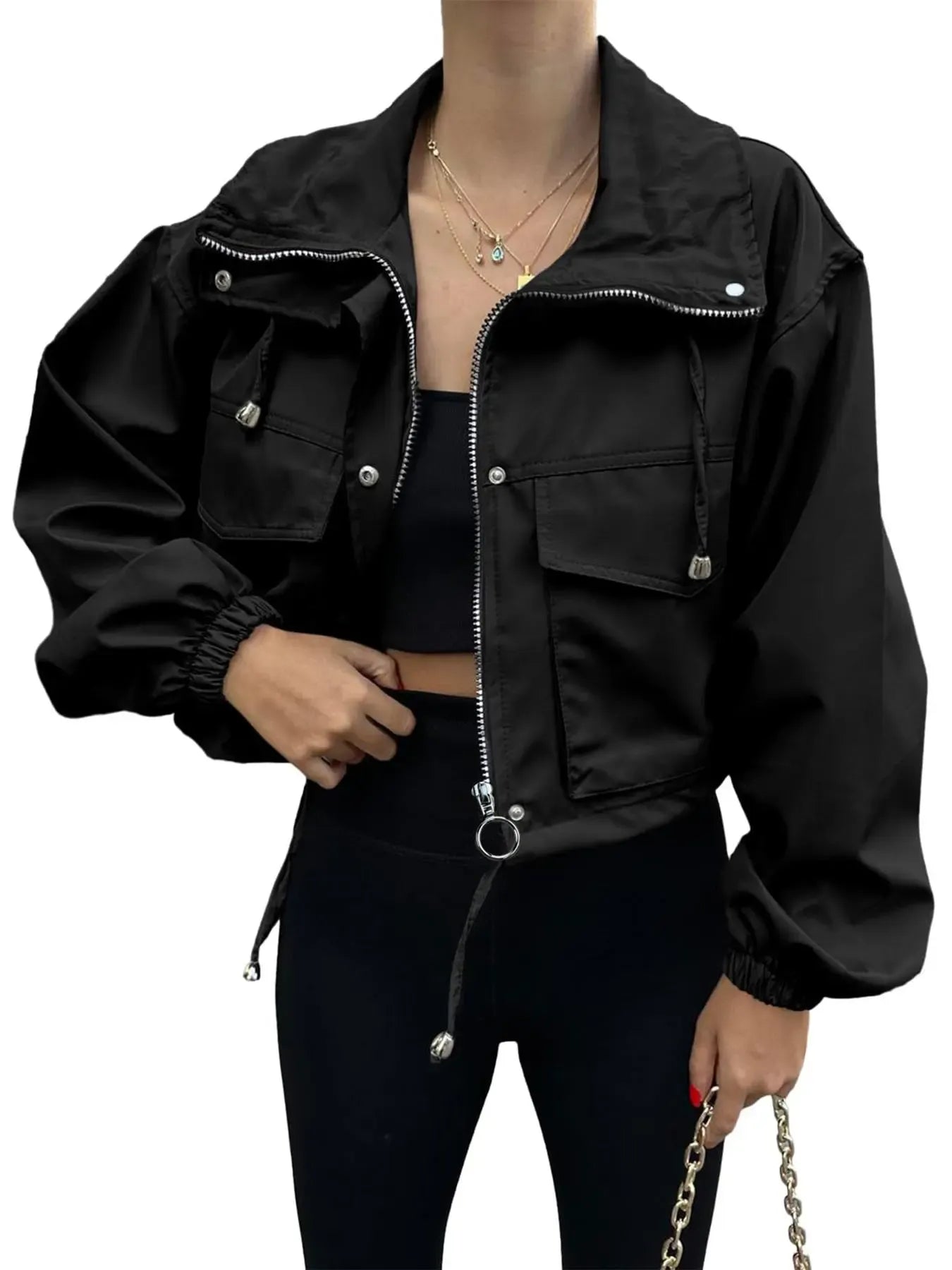 Women's Solid Zip Up Crop Jacket Coats, Casual Fashionable Pocket Lightweight Outerwear, Ladies Womenswear Spring & Fall Clothes