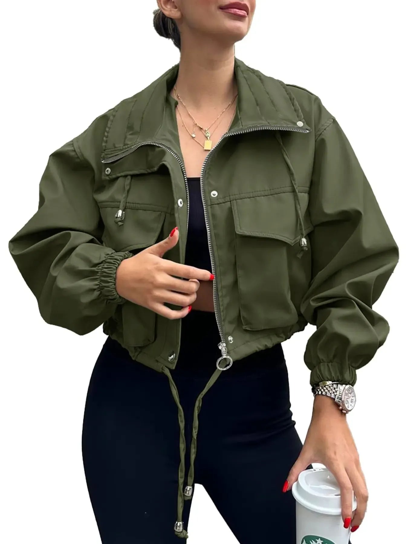 Women's Solid Zip Up Crop Jacket Coats, Casual Fashionable Pocket Lightweight Outerwear, Ladies Womenswear Spring & Fall Clothes