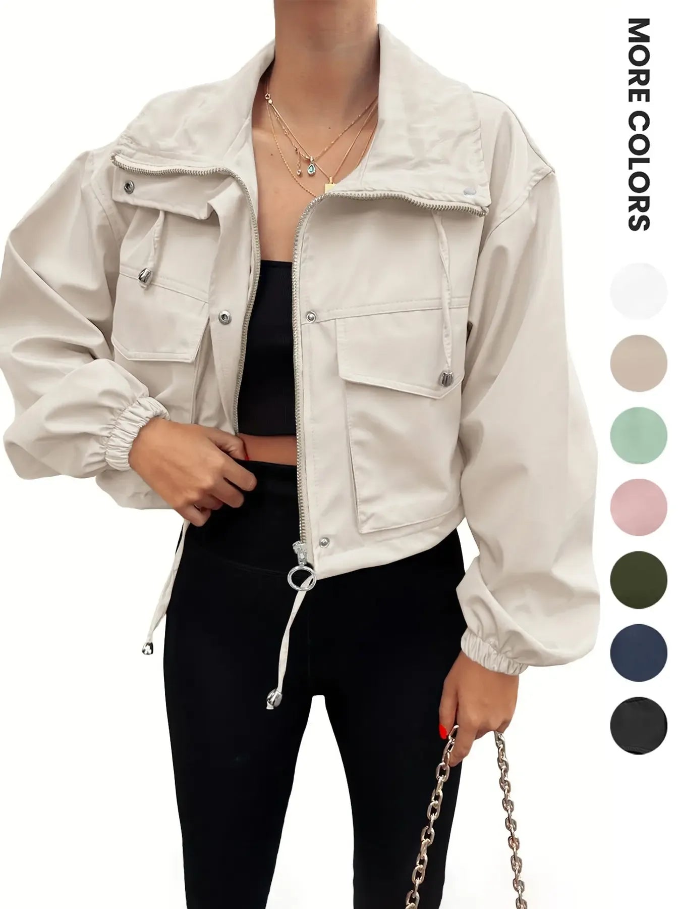 Women's Solid Zip Up Crop Jacket Coats, Casual Fashionable Pocket Lightweight Outerwear, Ladies Womenswear Spring & Fall Clothes