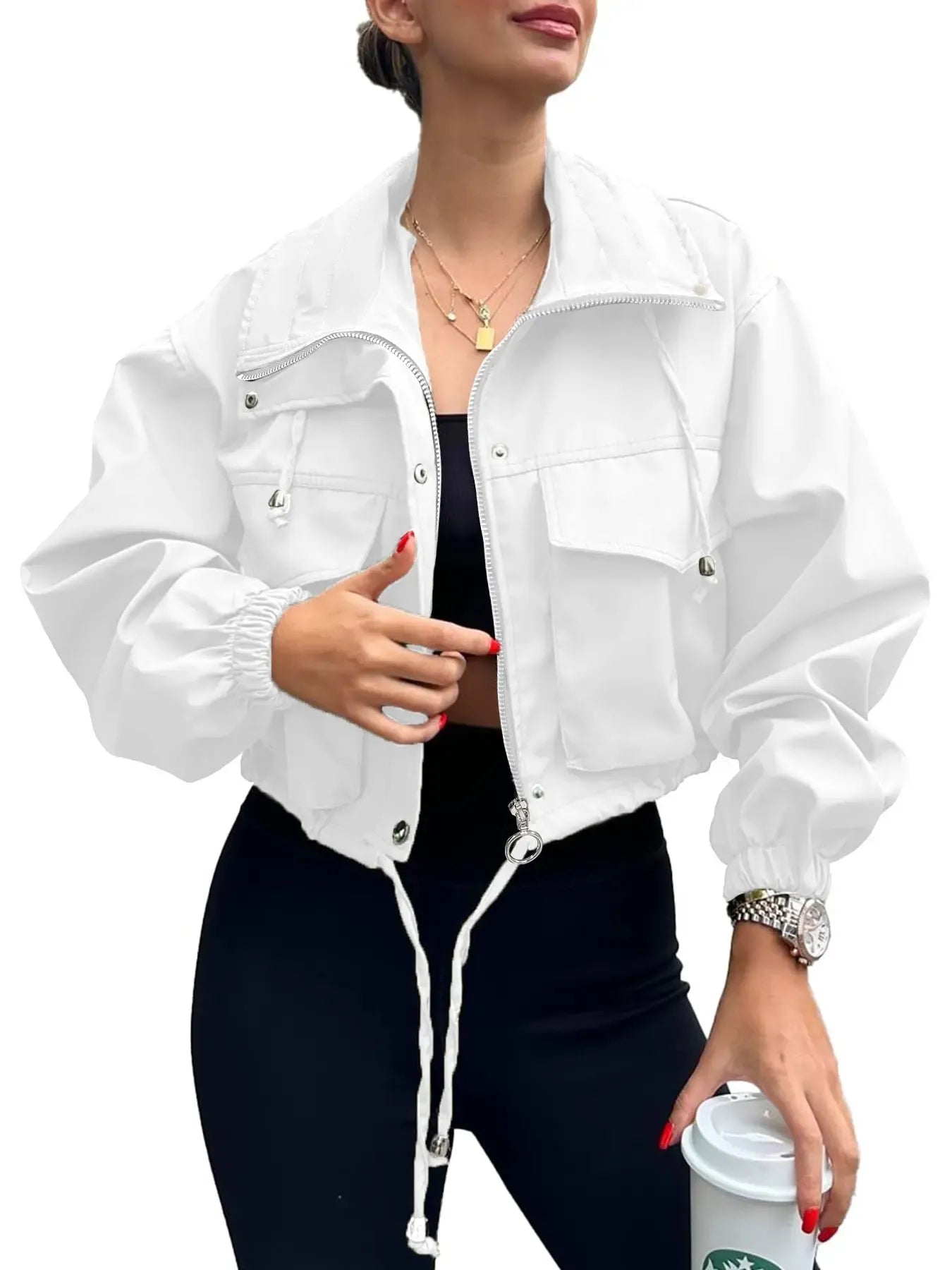 Women's Solid Zip Up Crop Jacket Coats, Casual Fashionable Pocket Lightweight Outerwear, Ladies Womenswear Spring & Fall Clothes