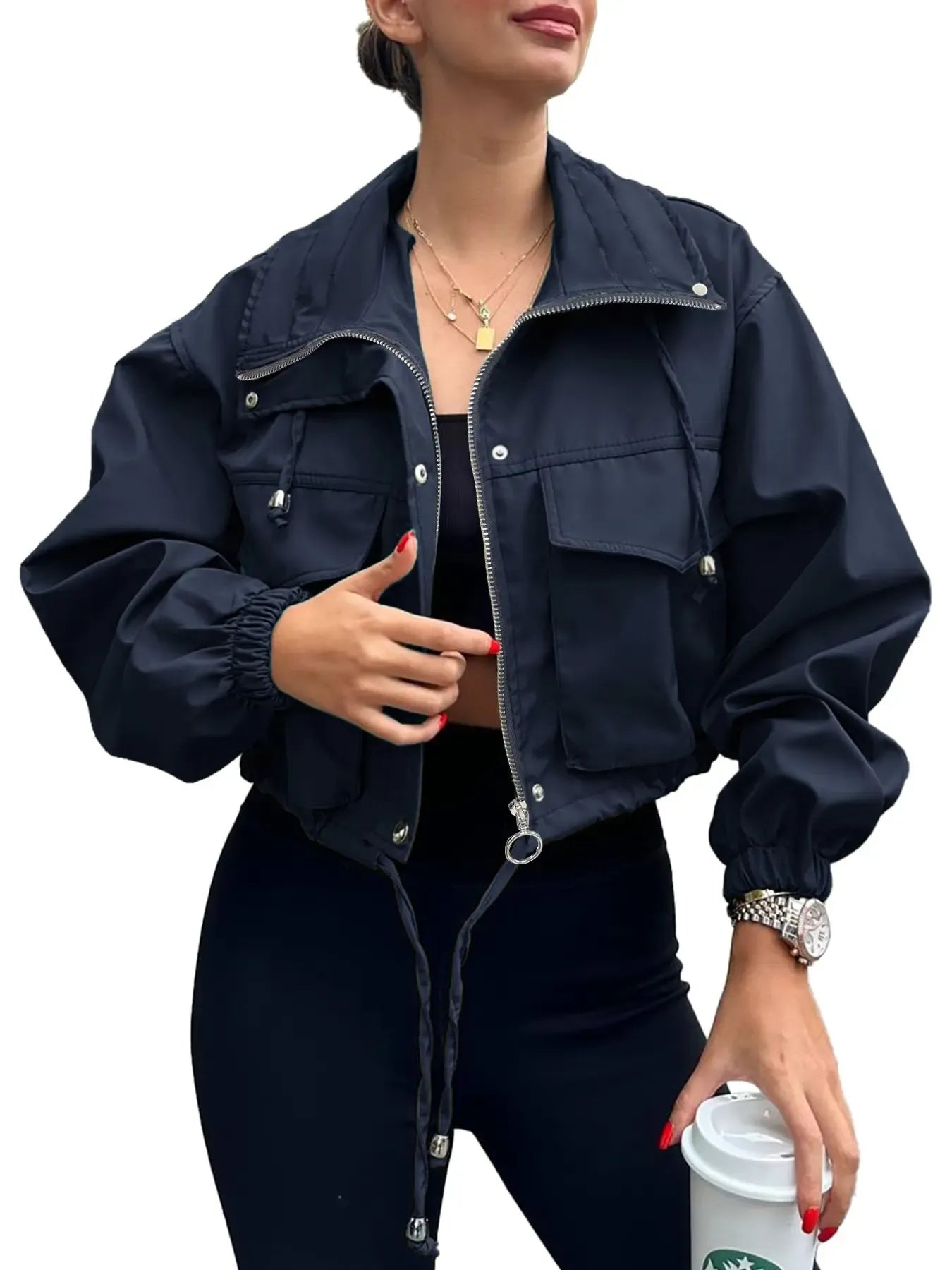 Women's Solid Zip Up Crop Jacket Coats, Casual Fashionable Pocket Lightweight Outerwear, Ladies Womenswear Spring & Fall Clothes