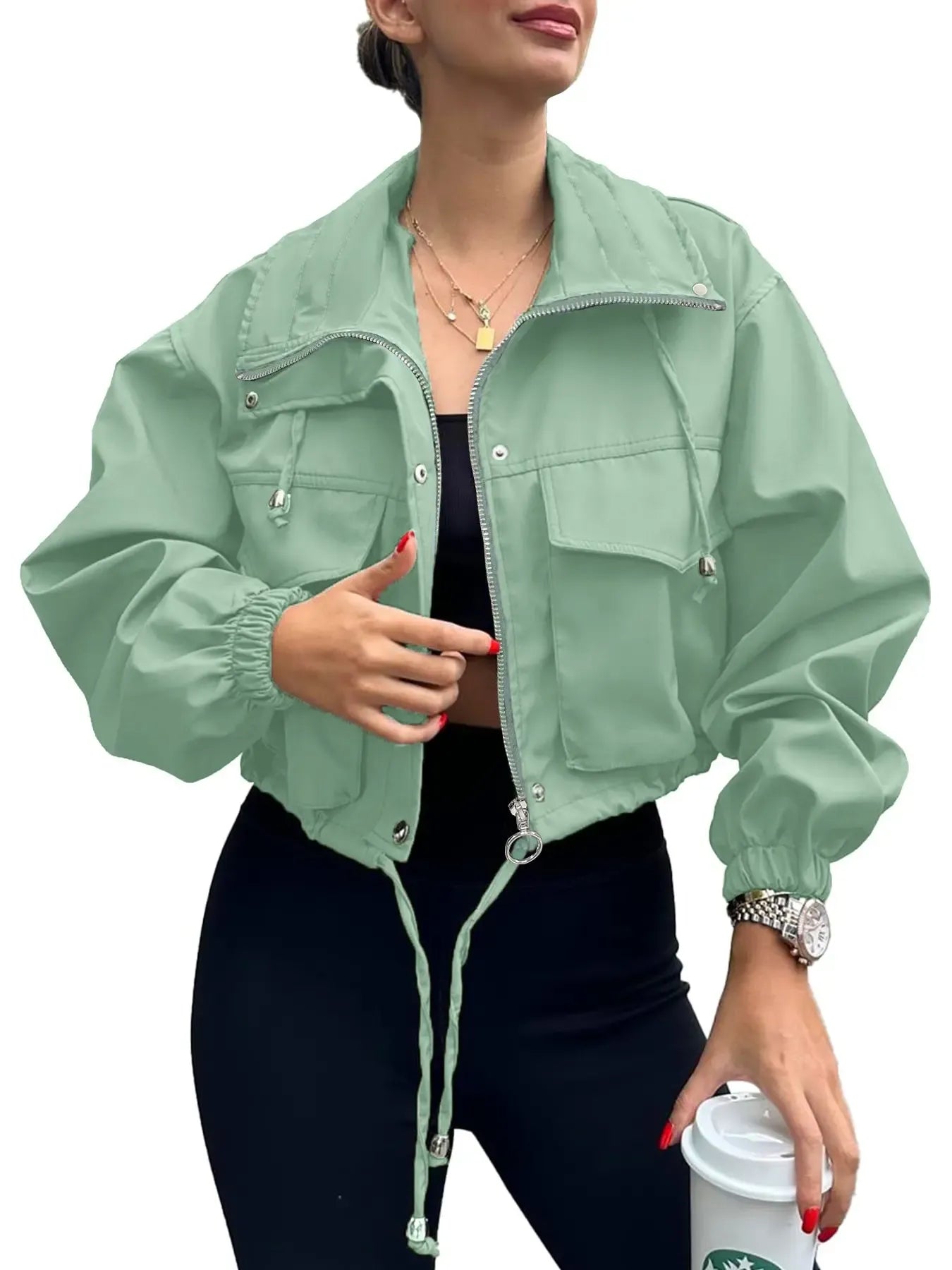 Women's Solid Zip Up Crop Jacket Coats, Casual Fashionable Pocket Lightweight Outerwear, Ladies Womenswear Spring & Fall Clothes