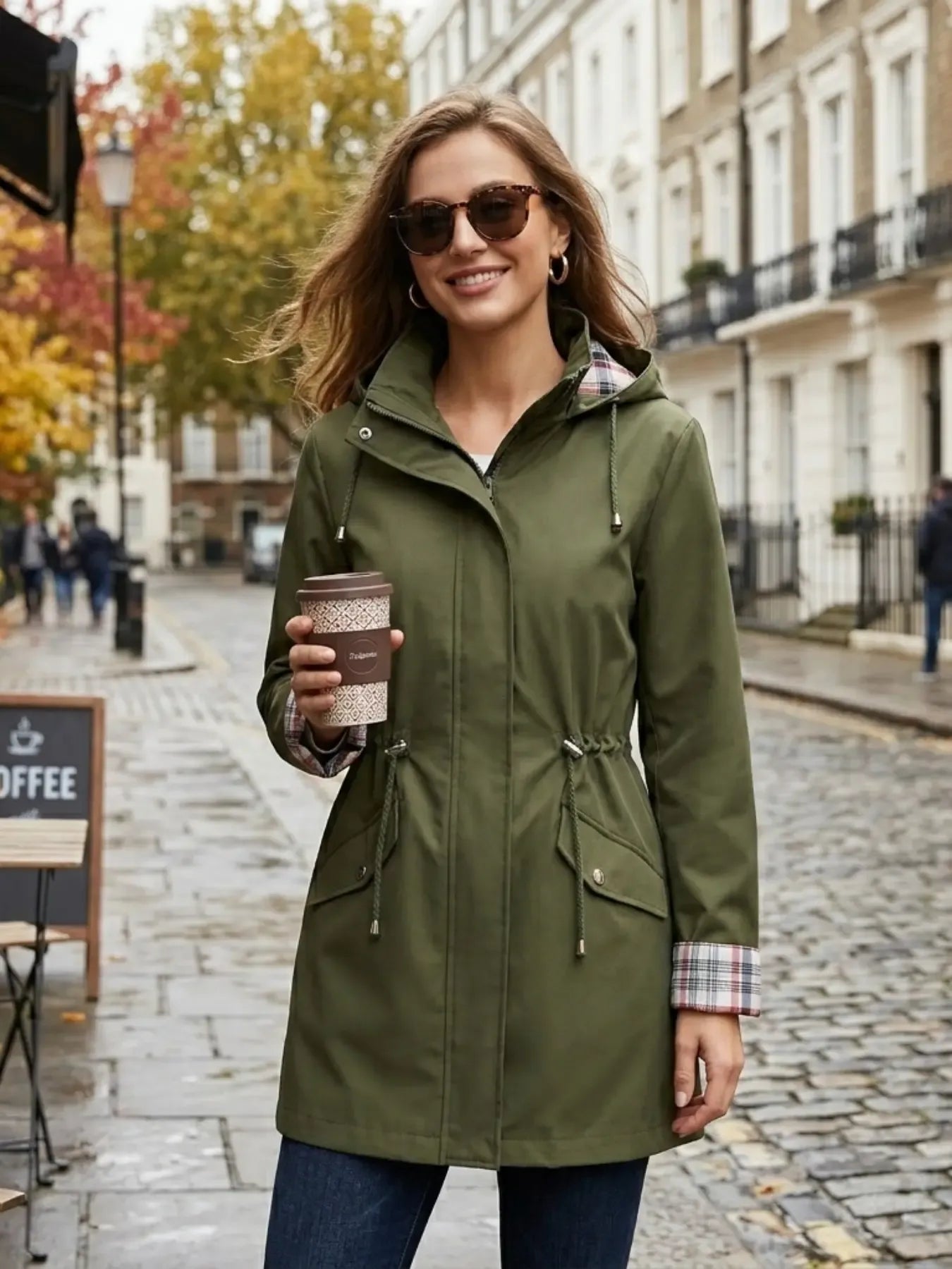 Women's Solid Color Drawstring Zip Up Hooded Trench Coat Raincoat, Casual Long Sleeve Waterproof Windproof Breathable Outerwear for Spring & Fall, Ladies Clothes for Daily Wear