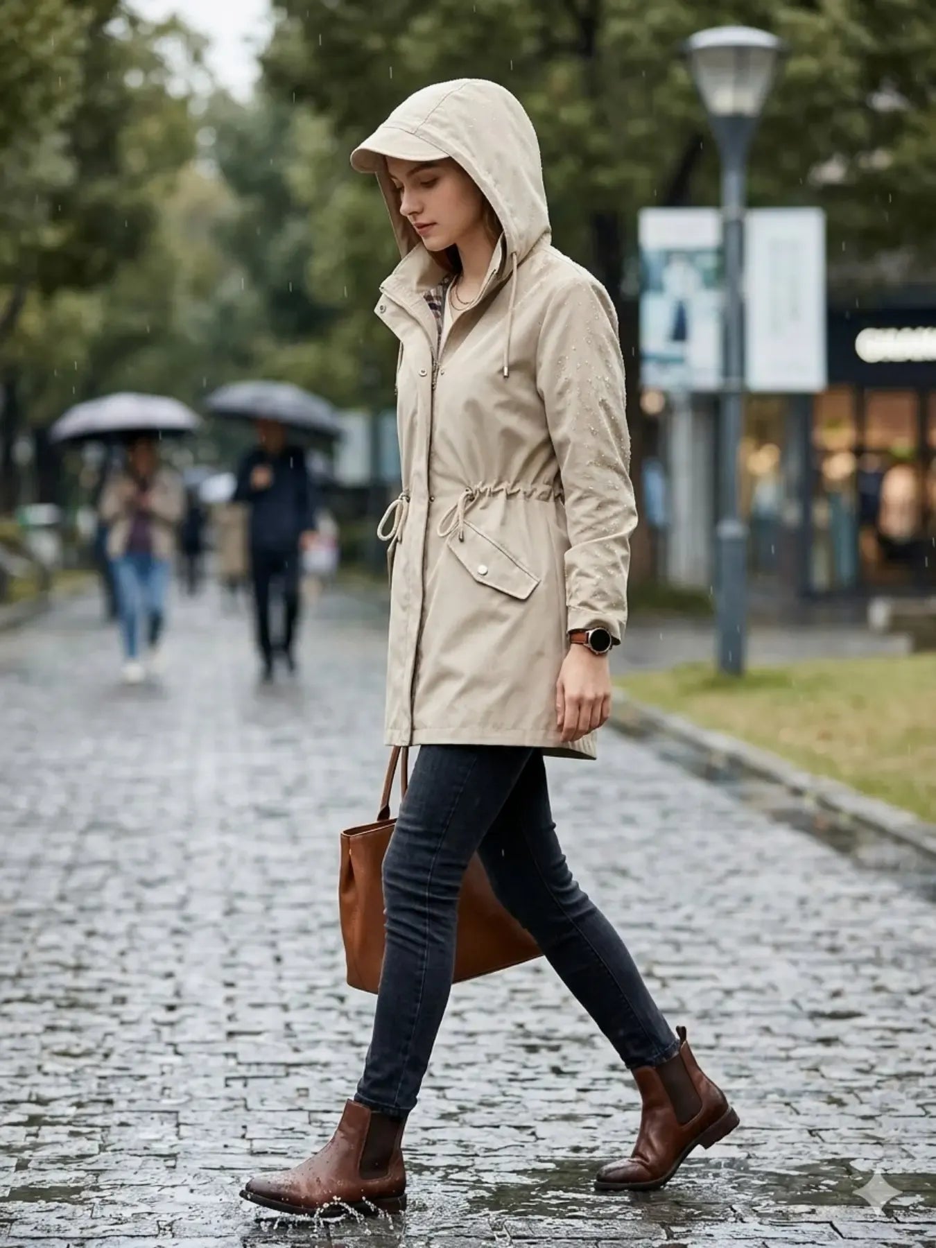 Women's Solid Color Drawstring Zip Up Hooded Trench Coat Raincoat, Casual Long Sleeve Waterproof Windproof Breathable Outerwear for Spring & Fall, Ladies Clothes for Daily Wear
