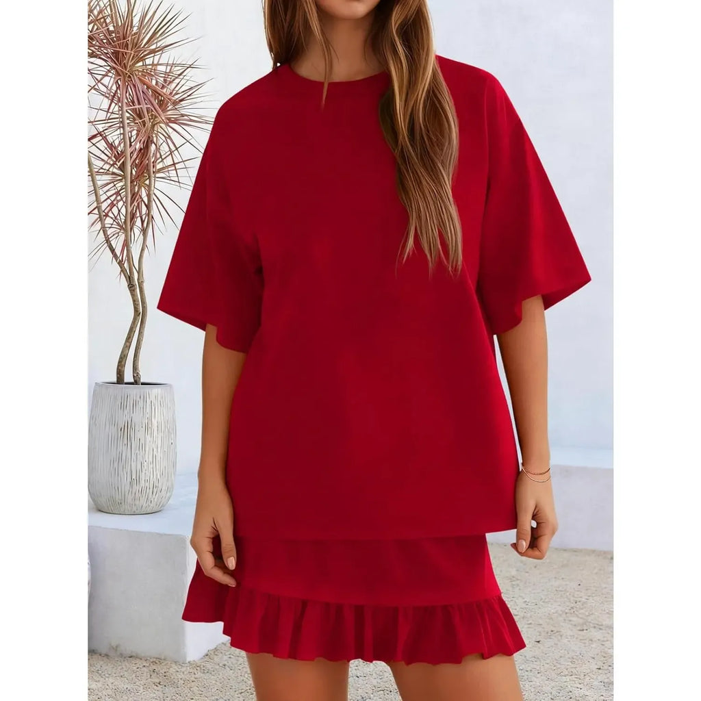 Yousify Women's 2 Piece Skirt Set Summer Vacation Outfits Short Sleeve Crewneck Top & Casual Mini Skirt for Easy Styling Loungewear Womenswear