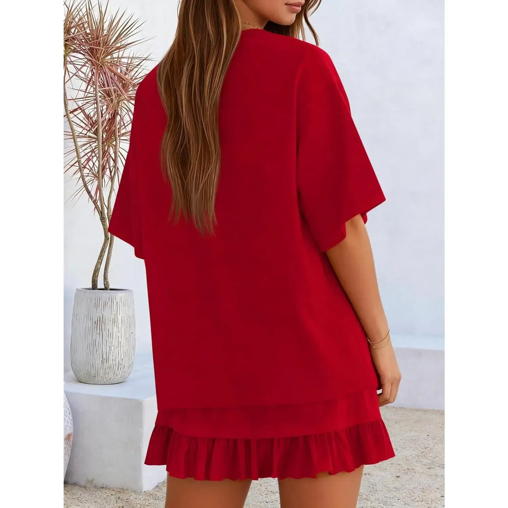 Yousify Women's 2 Piece Skirt Set Summer Vacation Outfits Short Sleeve Crewneck Top & Casual Mini Skirt for Easy Styling Loungewear Womenswear