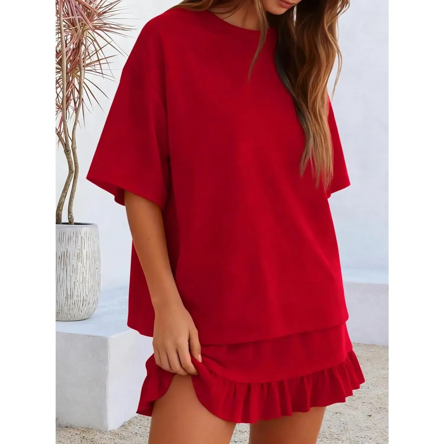 Yousify Women's 2 Piece Skirt Set Summer Vacation Outfits Short Sleeve Crewneck Top & Casual Mini Skirt for Easy Styling Loungewear Womenswear