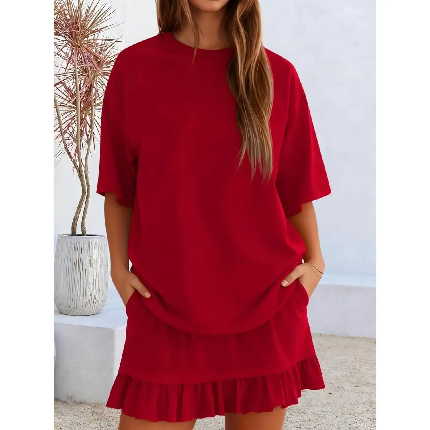 Yousify Women's 2 Piece Skirt Set Summer Vacation Outfits Short Sleeve Crewneck Top & Casual Mini Skirt for Easy Styling Loungewear Womenswear