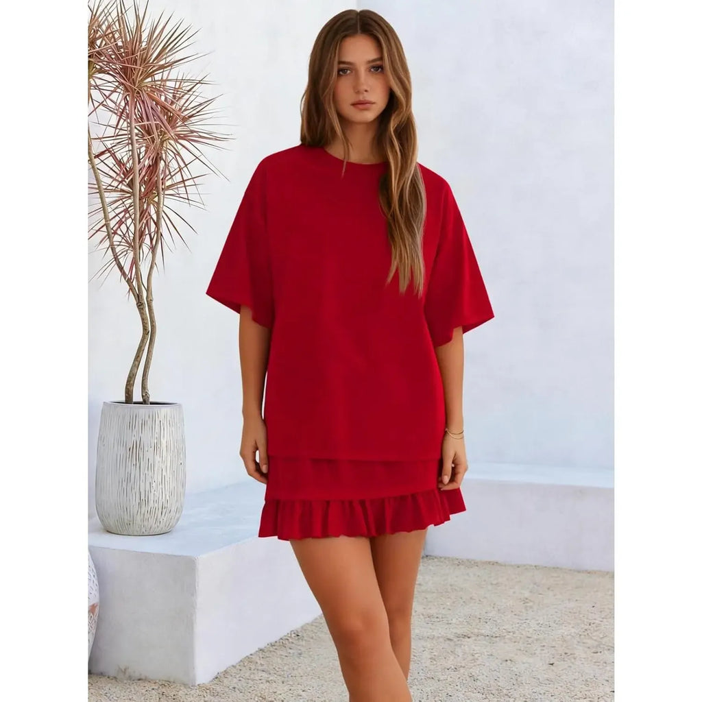 Yousify Women's 2 Piece Skirt Set Summer Vacation Outfits Short Sleeve Crewneck Top & Casual Mini Skirt for Easy Styling Loungewear Womenswear